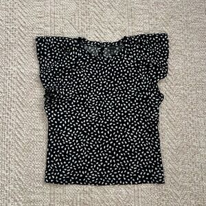 Ann Taylor Flutter Sleeve Top Black White Abstract Dot Print Blouse Size S